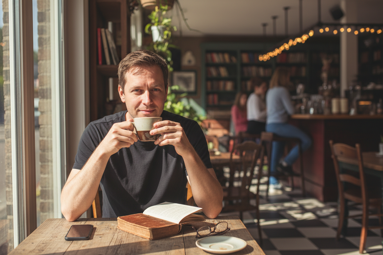 necesito un. hombre que sea no modelo en una cafeteria tomando cafe con una camiseta negra nasica