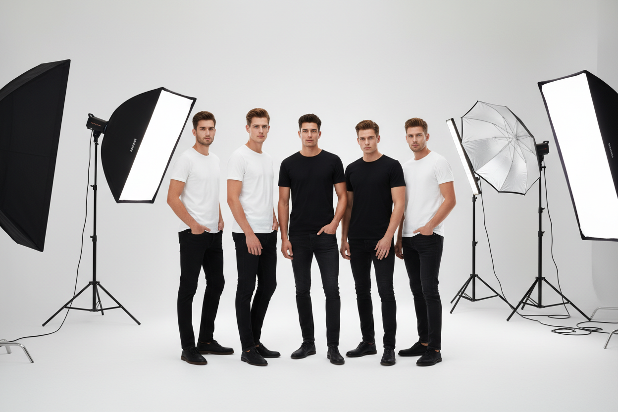 necesito varios hombres modelos juntos en un estudio de fotografia con camisetas basica blanca o negra mezclados entre si